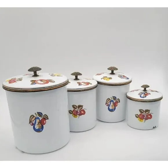 Midcentury 1960's Signed Georges Briard Fruit and Flower Enamelware Canister Set